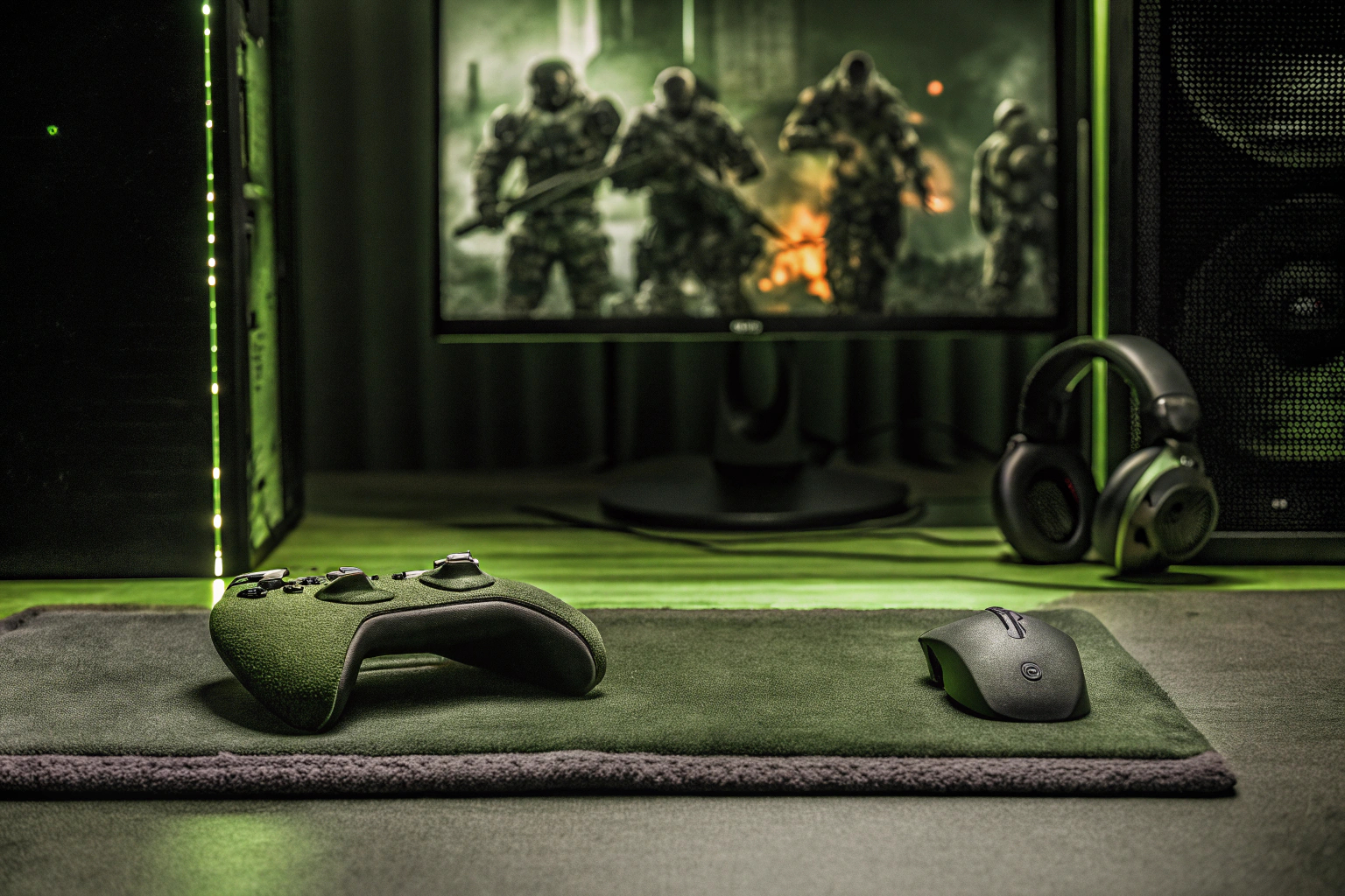 Ein Gamer-Setup mit einem PC, Monitor, Controller und Headset, bereit für eine Gaming-Session. Gamer-Setup