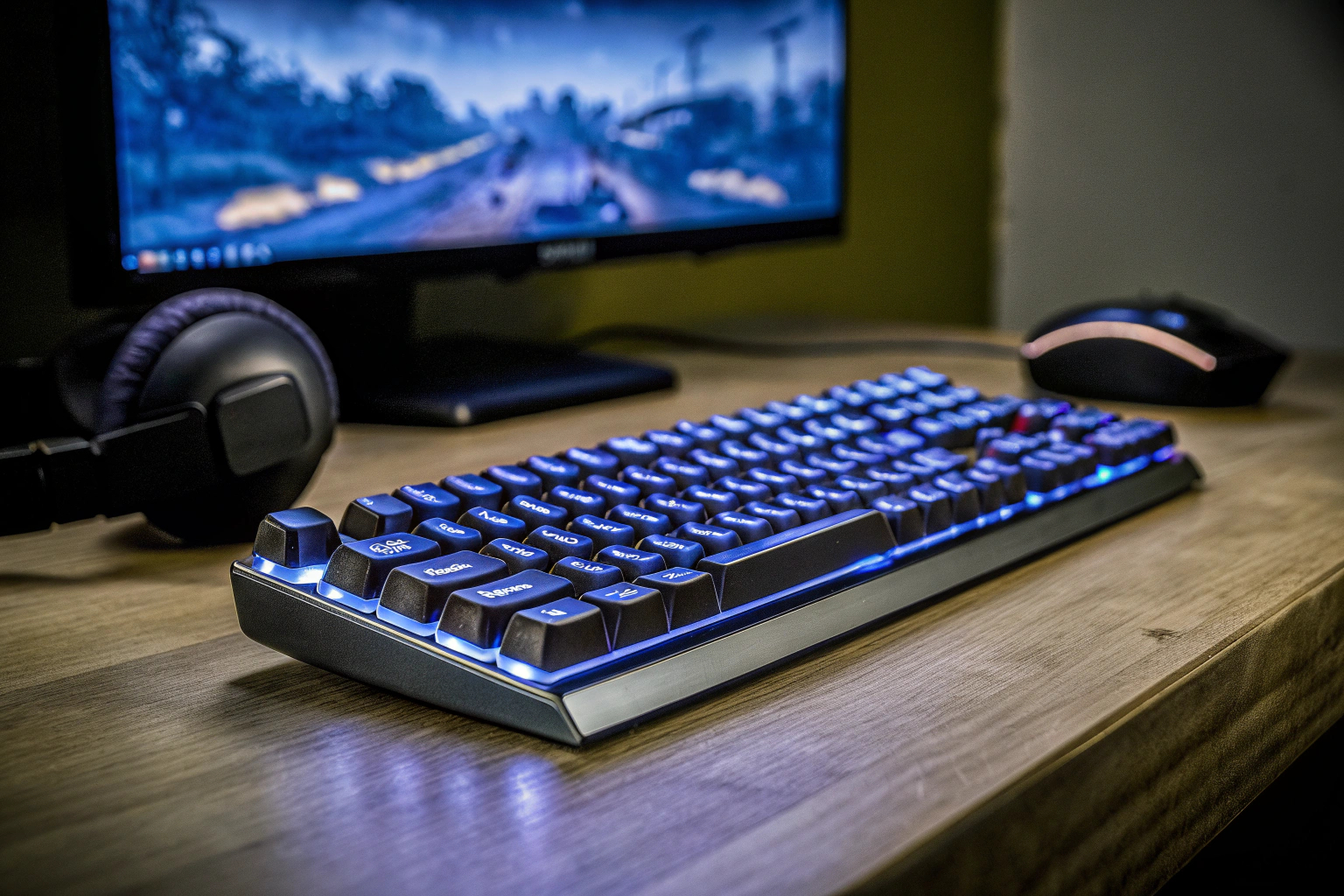 Ein Gamer sitzt an einem Schreibtisch und nutzt eine RGB-gaming Tastatur während einer Spielsitzung. Gamer mit RGB Tastatur