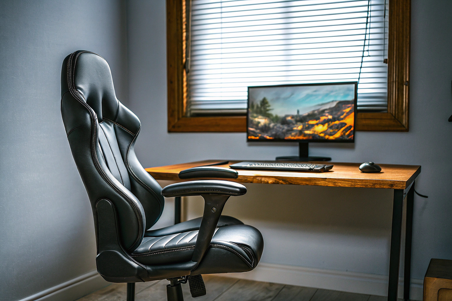 Ein Gamer sitzt bequem in einem ergonomischen Gaming-Stuhl vor einem Computerbildschirm. Gamer in ergonomischem Gaming-Stuhl