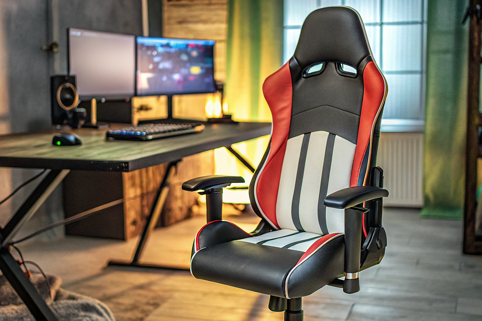 Ein Gamer sitzt in einem ergonomischen Gaming-Stuhl vor seinem Computerbildschirm. Ergonomischer Gaming-Stuhl