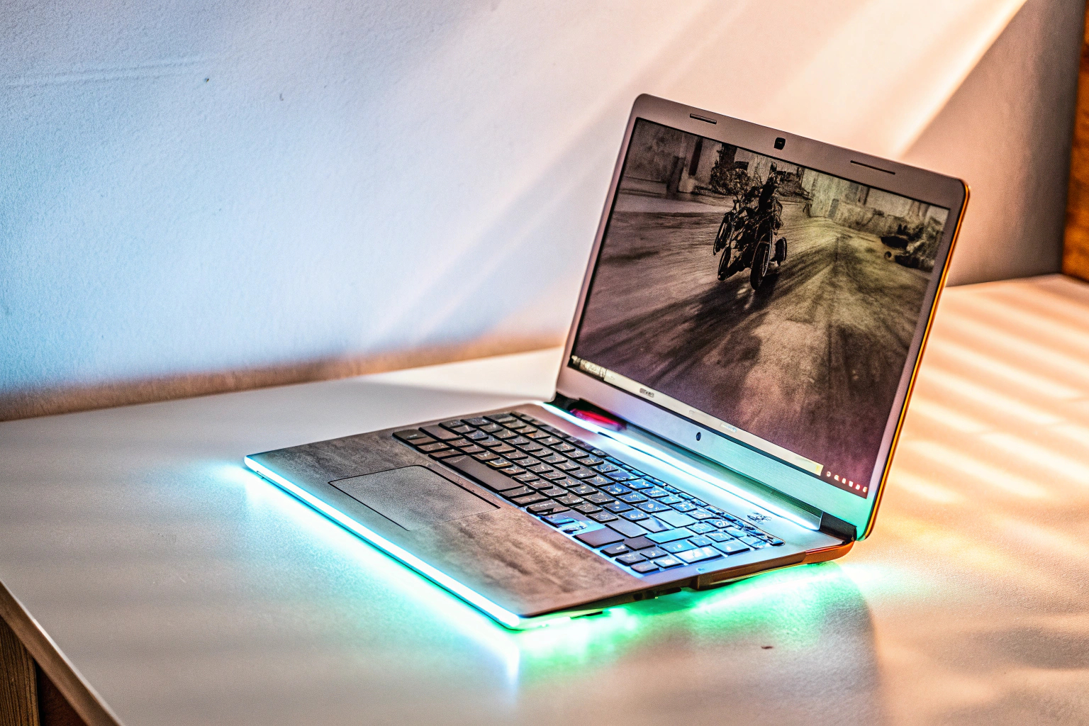 Ein Gamer spielt auf einem Laptop mit RGB-beleuchteter Tastatur in einem abgedunkelten Raum. Gamer mit RGB beleuchteter Tastatur