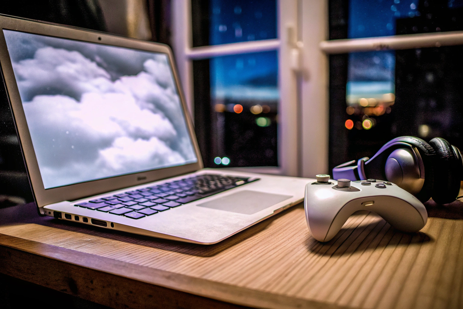 Ein Gamer spielt ein Cloud-Spiel auf einem Laptop mit einem Headset und einem Controller. Cloud Gaming auf einem Laptop