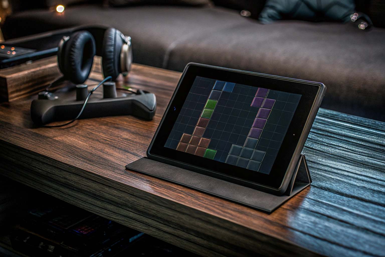 Ein Gamer spielt ein klassisches Tetris-Spiel auf einem modernen Gerät. Klassisches Tetris-Spiel