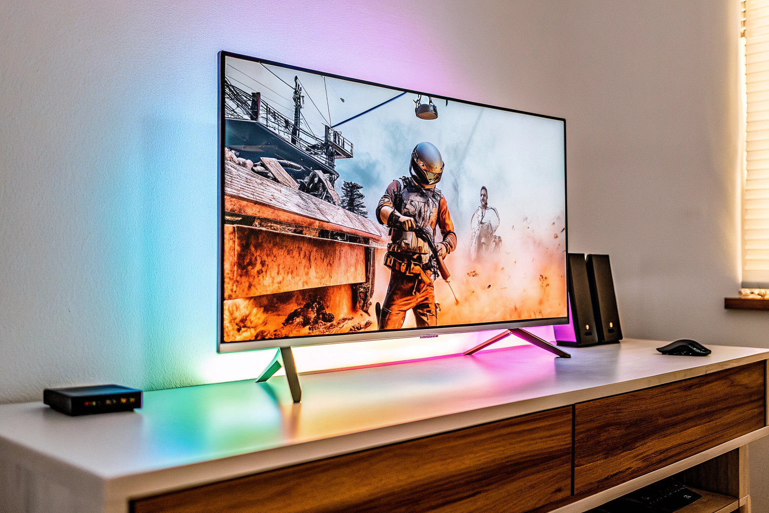 Ein Gamer spielt ein rasantes Actionspiel auf einem großen Monitor. Gamer mit Actionspiel auf großem Monitor