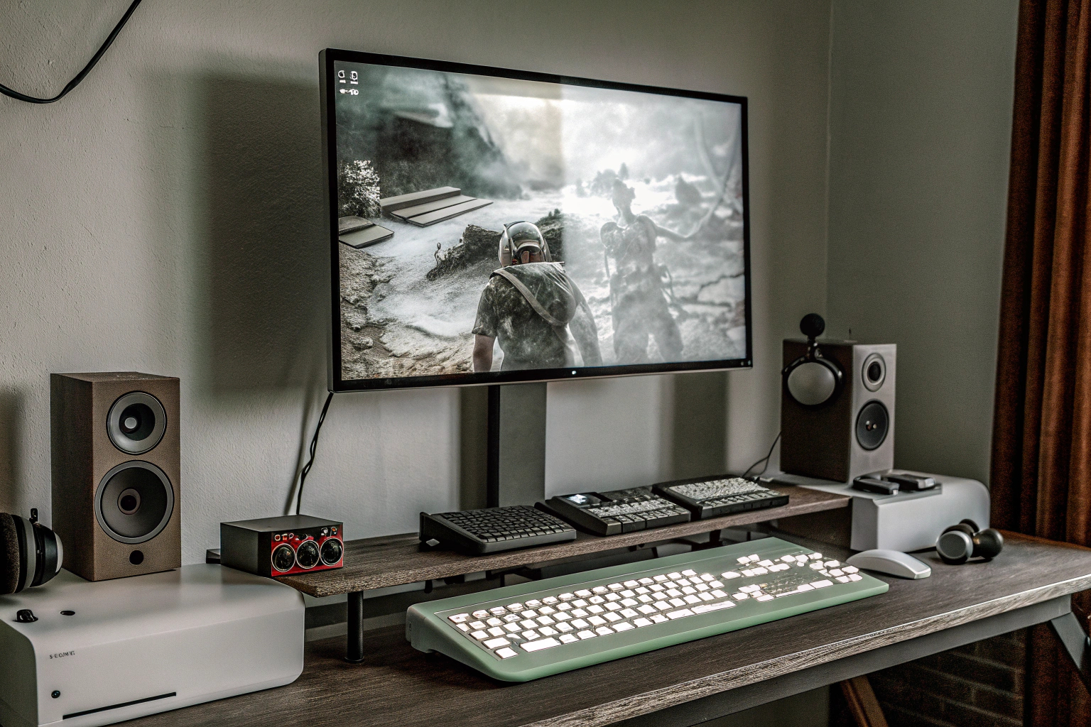 Ein Gamer streamt von seiner Konsole mit einem modernen Setup, inklusive Audio- und Videomixern. Gamer beim Konsolenspiel-Streaming