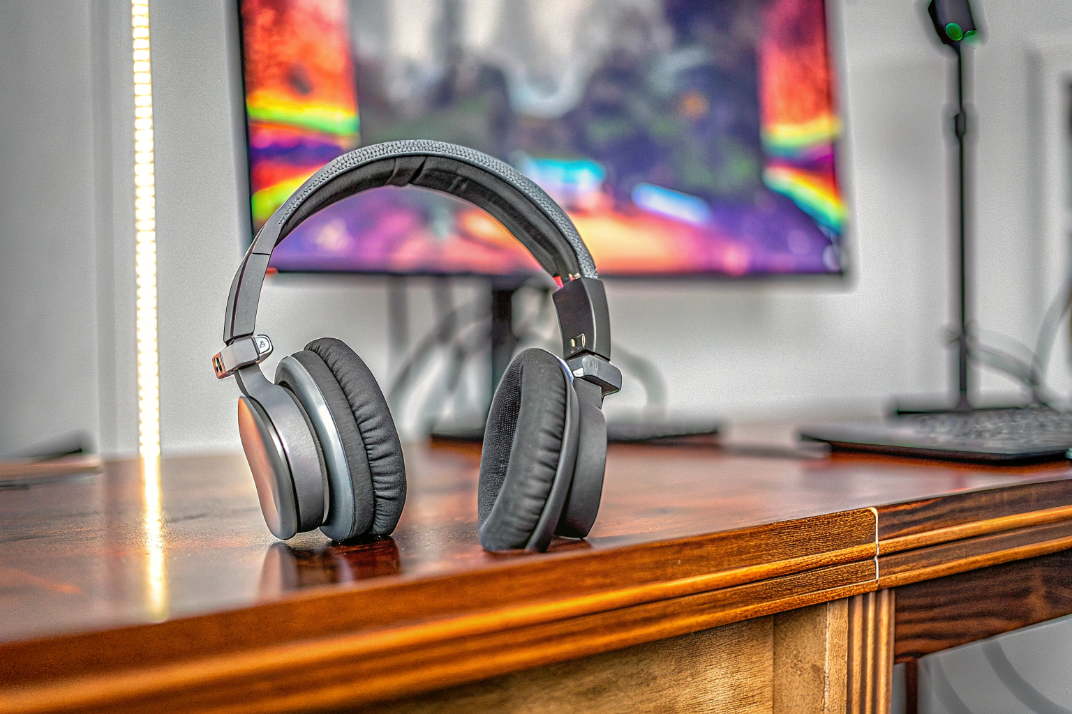 Ein Gamer trägt ein hochwertiges Gaming-Headset während einer intensiven Spielsitzung. Gamer mit Headset