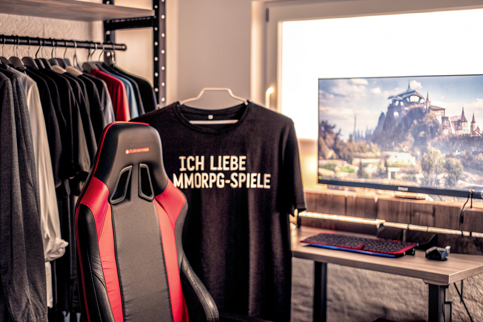 Ein Gamer trägt ein T-Shirt mit dem Aufdruck 'Ich liebe MMORPG-Spiele'. Gamer mit MMORPG T-Shirt