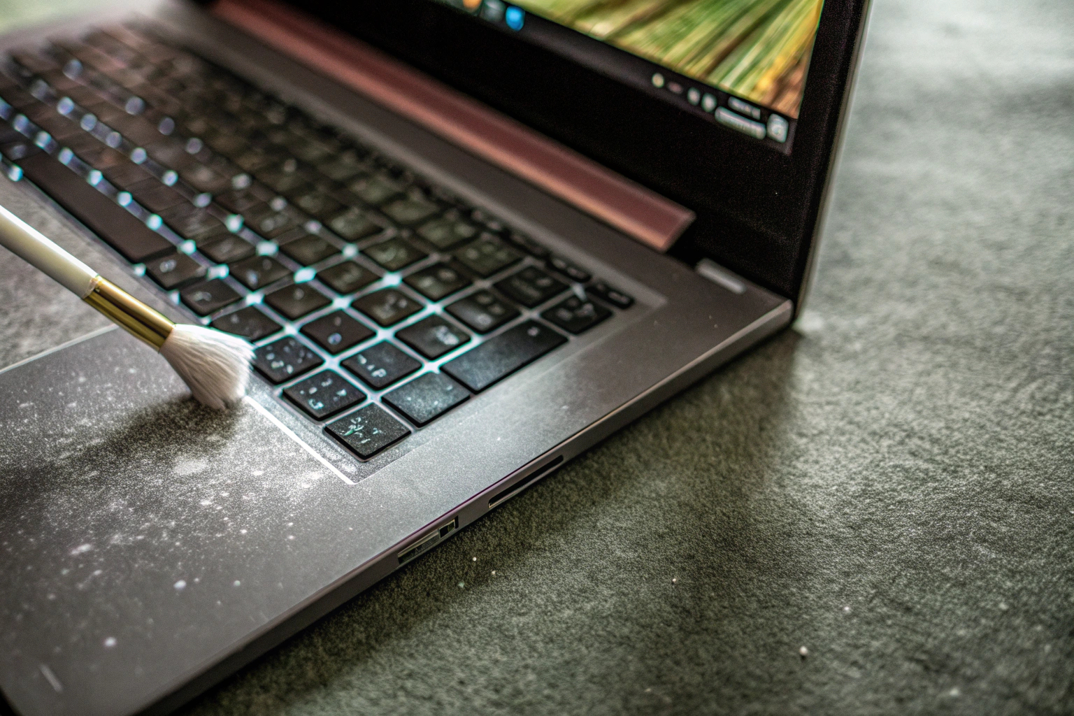 Ein Gamer verwendet einen Pinsel, um die Tastatur seines Laptops zu reinigen. Tastaturreinigung mit Pinsel