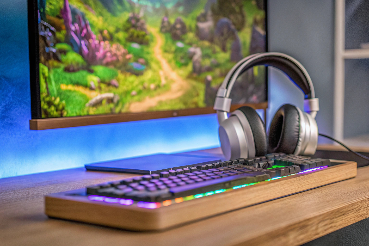 Ein Gamer vor seinem PC, bereit für ein MMORPG-Abenteuer, mit Headset und Tastatur. Gamer bereit für MMORPG-Abenteuer