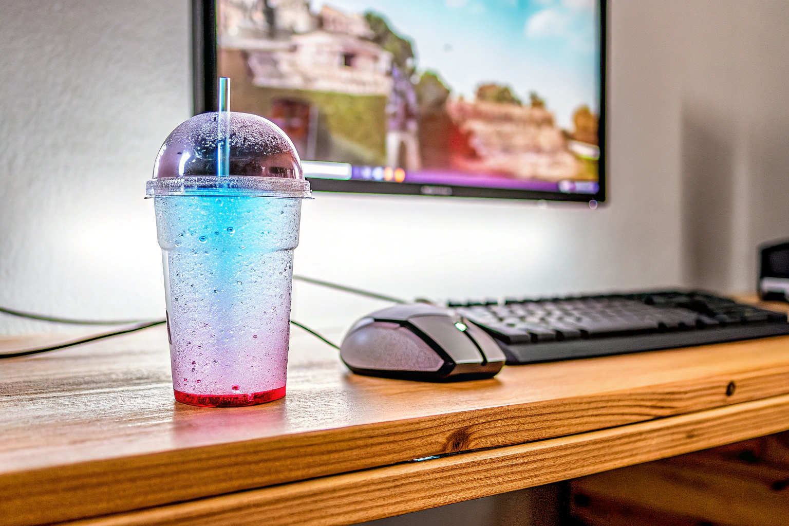 Ein Gaming-Booster-Getränk neben einem PC-Setup, bereit für eine Gaming-Session. Gaming-Booster-Getränk