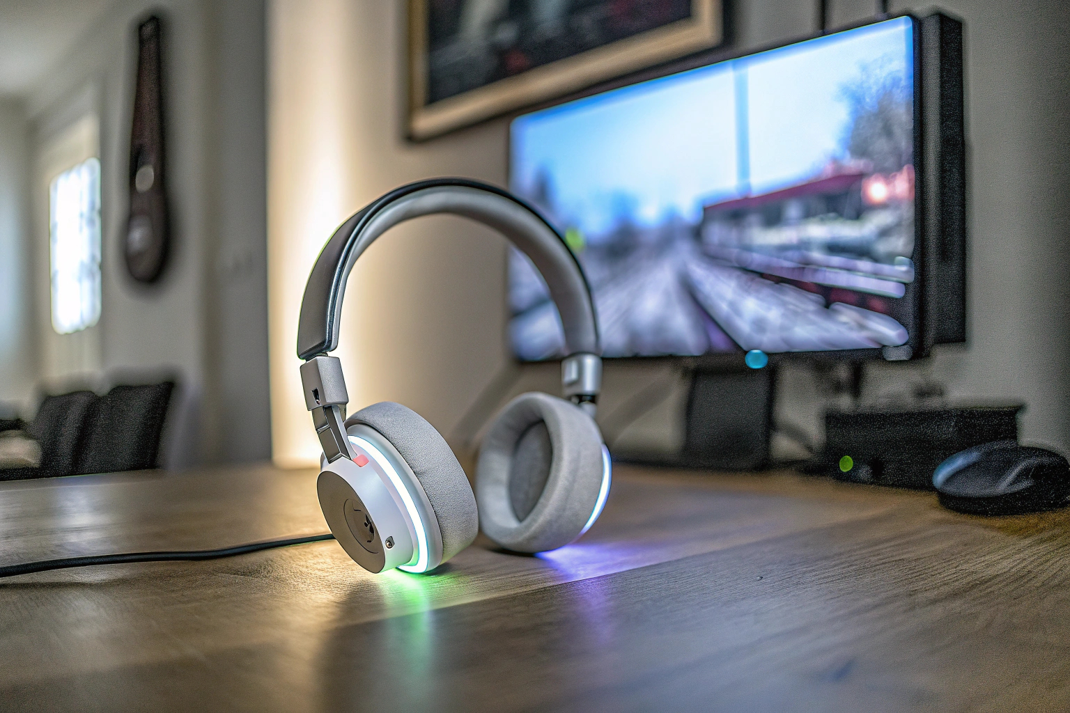 Ein Gaming-Headset auf einem Tisch neben einem Monitor mit einem laufenden Spiel. Gaming-Headset neben Monitor