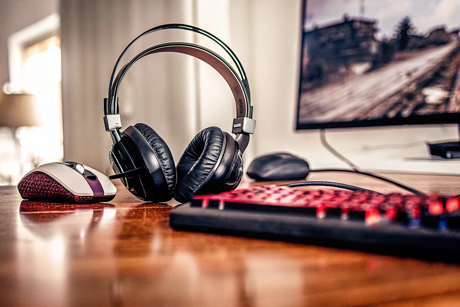 Ein Gaming-Headset auf einem Tisch, umgeben von Gaming-Zubehör wie Controllern und Tastaturen. Gaming-Headset und Zubehör