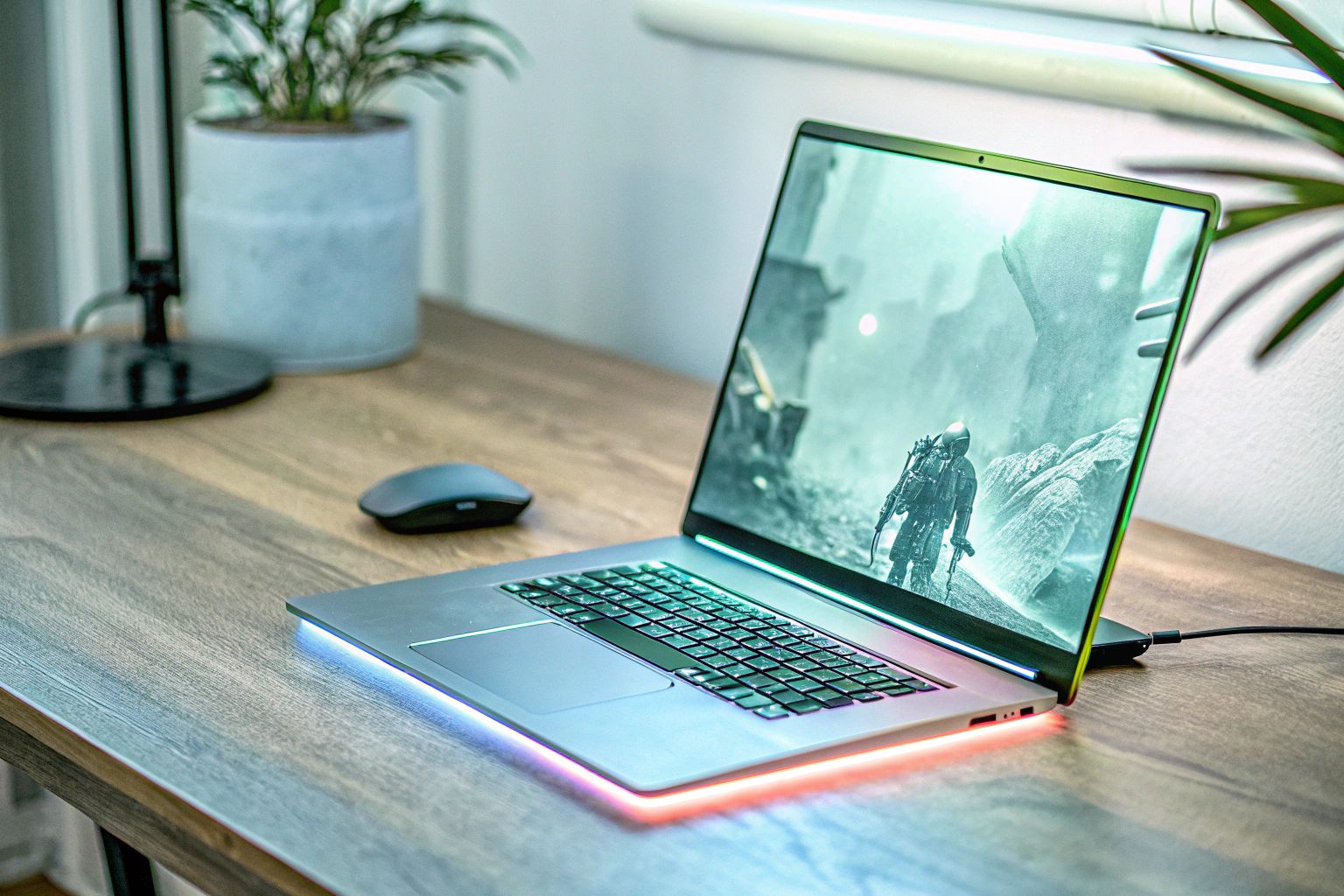 Ein Gaming-Laptop auf einem Schreibtisch mit RGB-Beleuchtung. Gaming-Laptop mit RGB-Beleuchtung