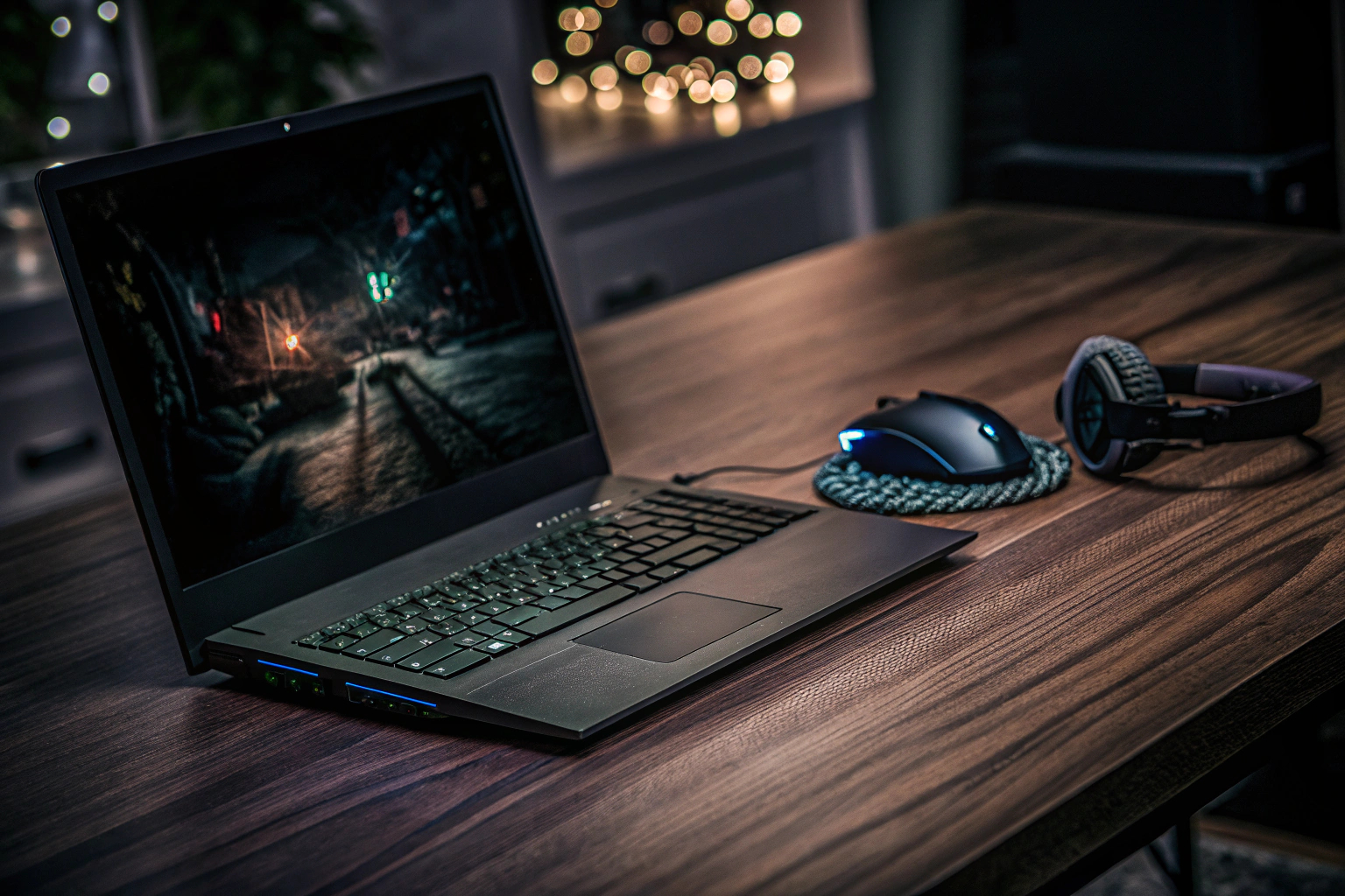 Ein Gaming-Laptop auf einem Schreibtisch, umgeben von Gaming-Zubehör wie Maus und Headset. Gaming-Laptop auf dem Schreibtisch