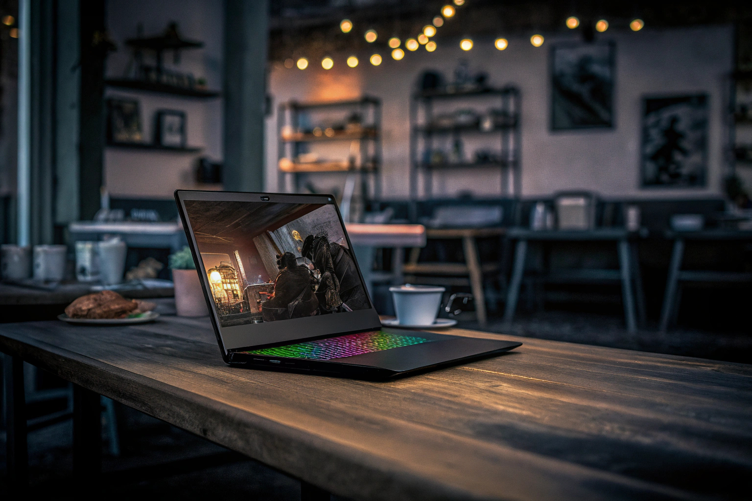 Ein Gaming-Laptop auf einem Tisch in einem Café, der Besitzer spielt ein Spiel. Gaming-Laptop im Café