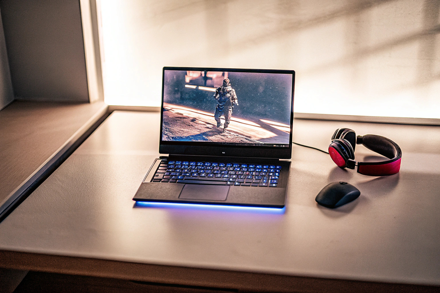 Ein Gaming-Laptop mit beleuchteter Tastatur in einem dunklen Raum. Gaming-Laptop mit beleuchteter Tastatur