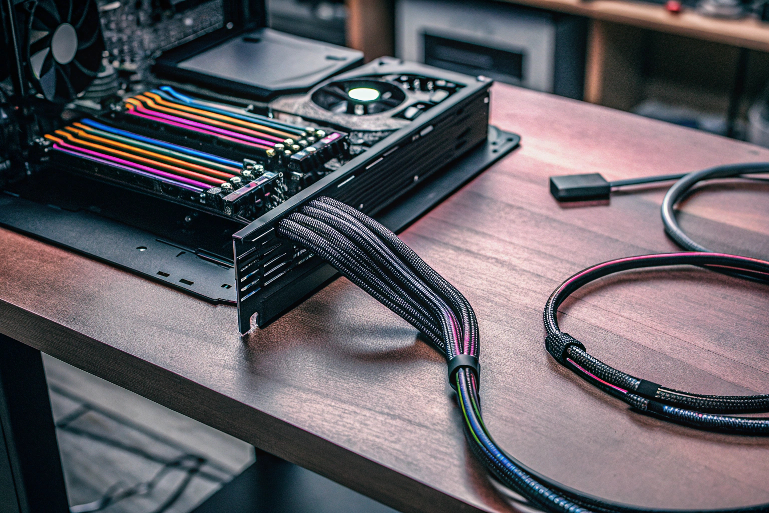 Ein Gaming-PC im Aufbau, der die verschiedenen Komponenten zeigt. Gaming-PC Komponenten