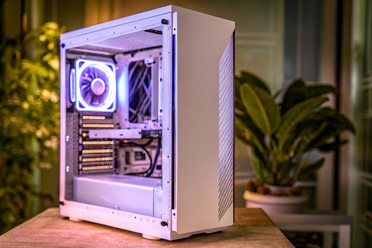 Ein Gaming-PC mit durchsichtiger Seitenwand, der eine leistungsstarke Grafikkarte zeigt. Gaming-PC mit leistungsstarker Grafikkarte