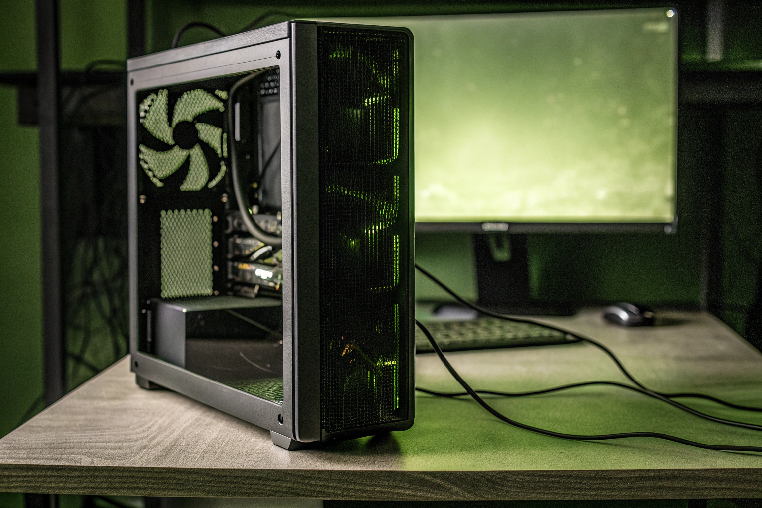 Ein Gaming-PC mit einer eingebauten SSD, die die kompakte Bauweise und die einfache Installation zeigt. Gaming-PC mit SSD