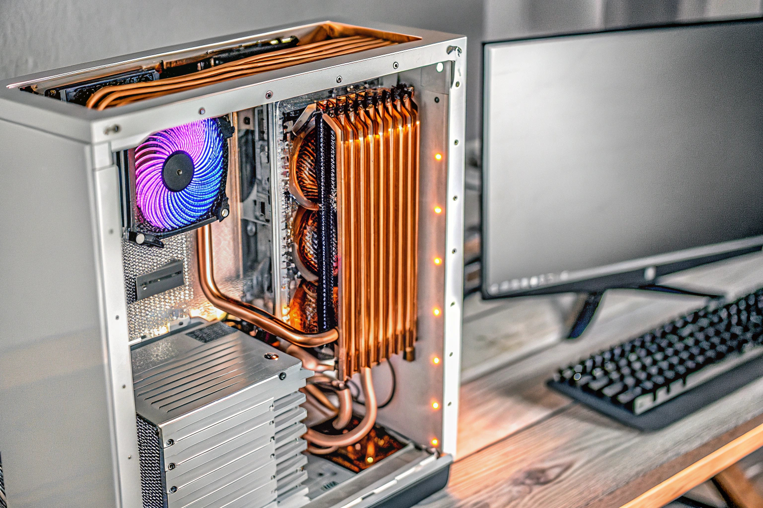 Ein Gaming-PC mit geöffnetem Gehäuse, der eine übertaktete CPU zeigt. Übertaktete CPU in einem Gaming-PC