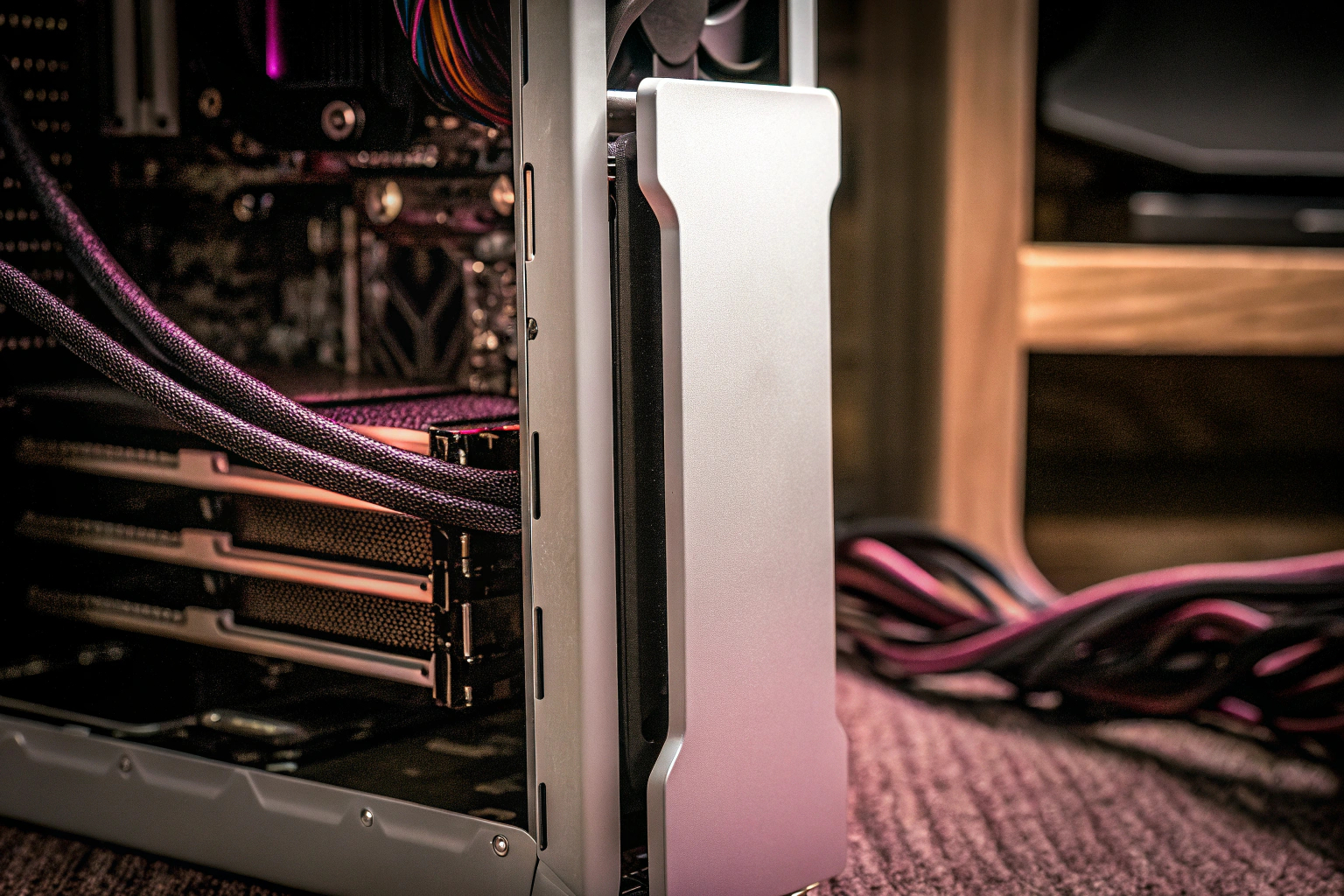 Ein Gaming-PC mit geöffnetem Gehäuse, in dem eine NVMe-SSD zu sehen ist. NVMe-SSD in einem Gaming-PC