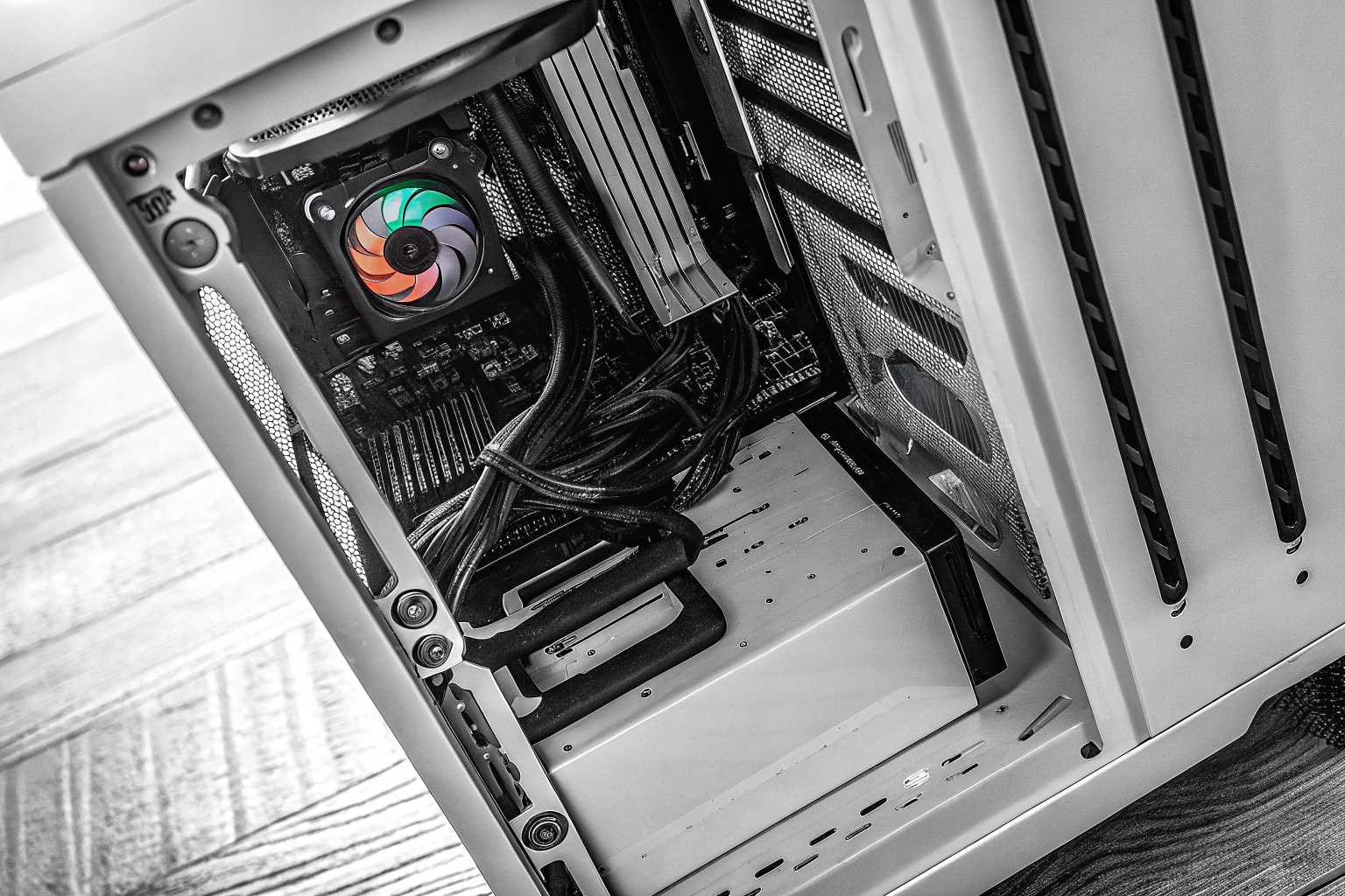 Ein Gaming-PC mit geöffneter Seitenwand, der eine gut sichtbare Grafikkarte zeigt. Gaming-PC mit sichtbarer Grafikkarte