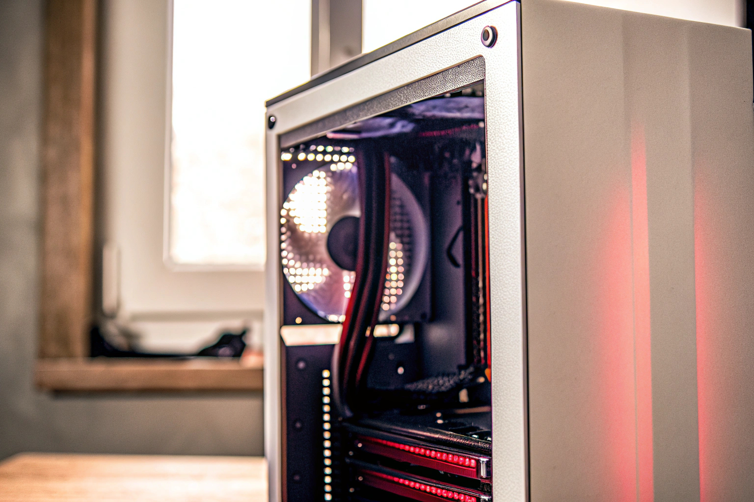 Ein Gaming-PC mit offenem Gehäuse und sichtbarem Innenleben, das die verschiedenen Komponenten zeigt. Offenes Gaming-PC-Gehäuse