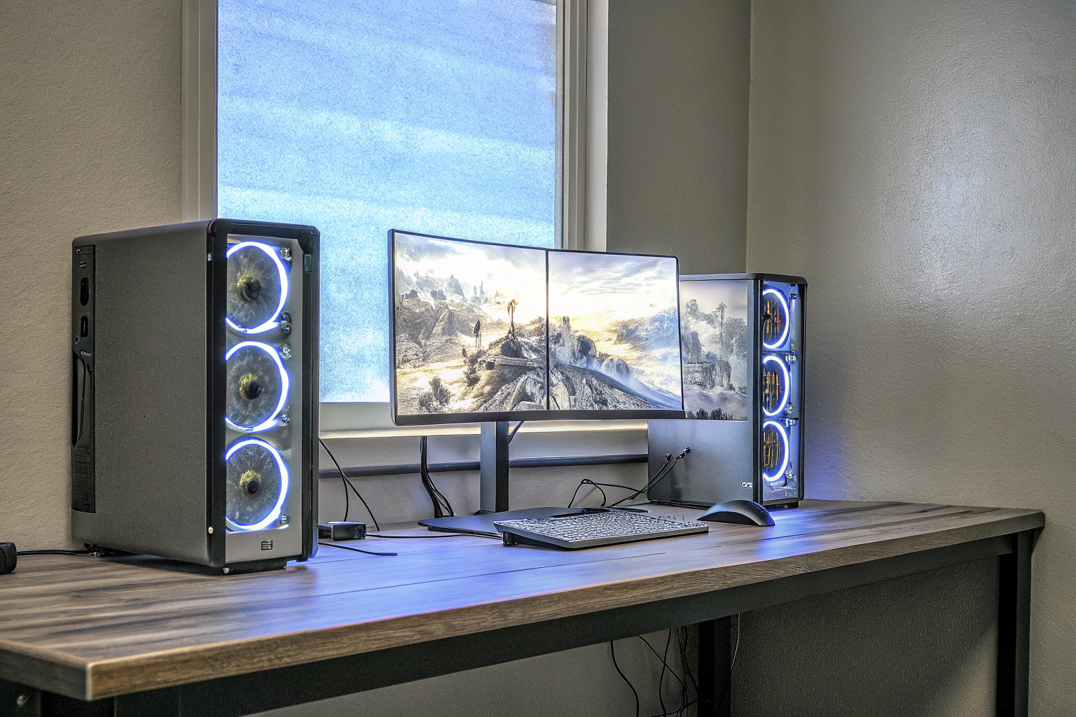 Ein Gaming-PC mit RGB-Beleuchtung und mehreren Monitoren, ideal für ein personalisiertes Spielerlebnis. Gaming-PC Setup mit RGB-Beleuchtung