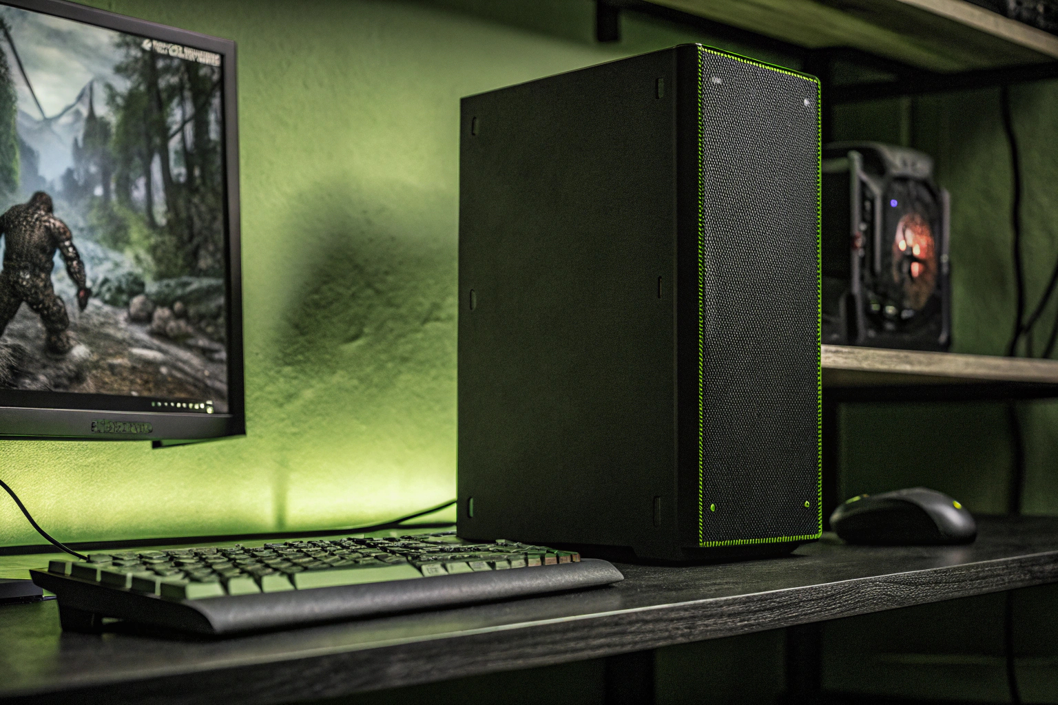 Ein Gaming-PC mit Zubehör, einschließlich Monitor, Tastatur und Maus. Gaming-PC mit Zubehör
