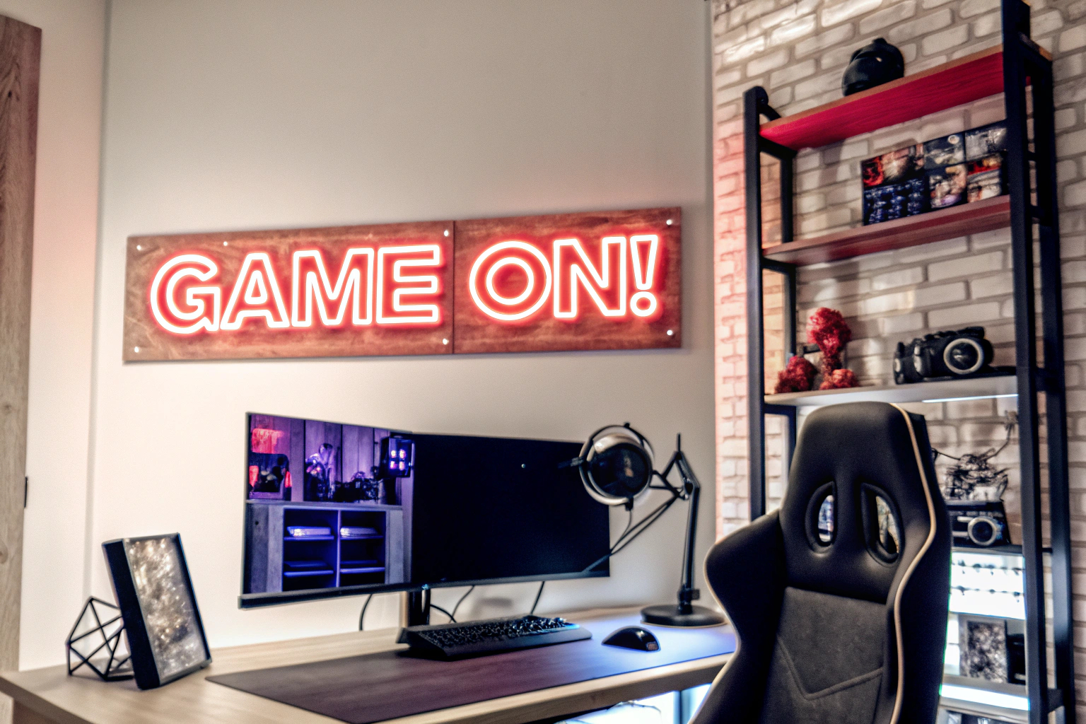 Ein Gaming-Raum mit leuchtenden Neonlichtern und einem personalisierten Schild an der Wand. Gaming-Raum mit Neonlichtern