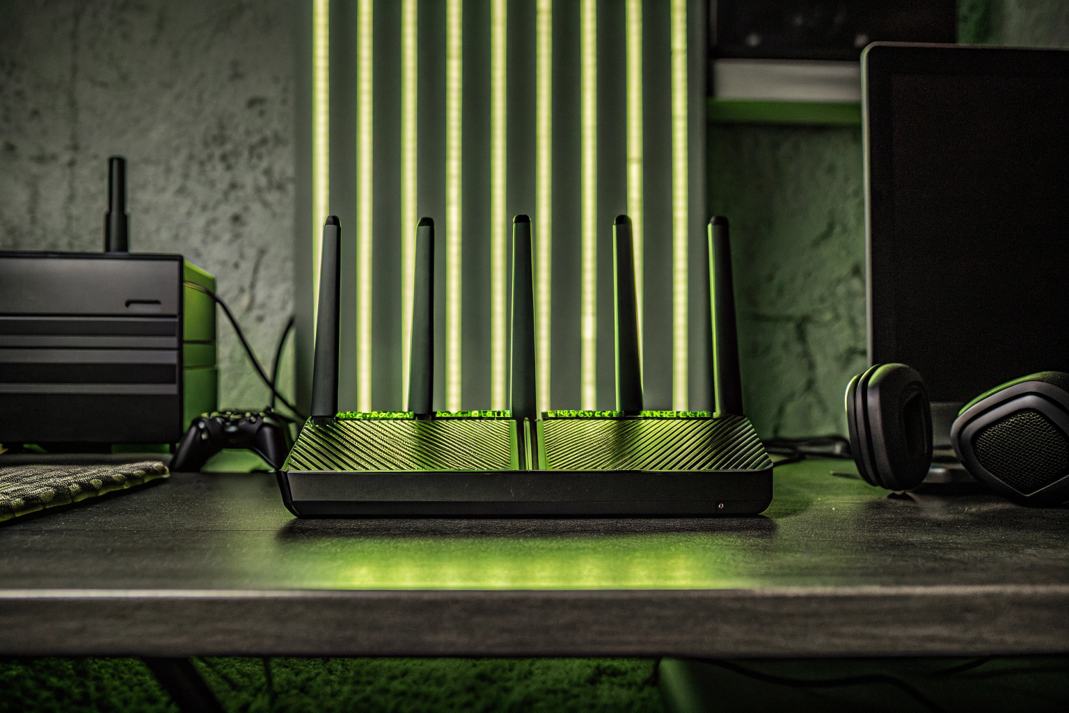 Ein Gaming-Router, der auf einem Schreibtisch steht, umgeben von mehreren Gaming-Geräten. Gaming-Router auf einem Schreibtisch