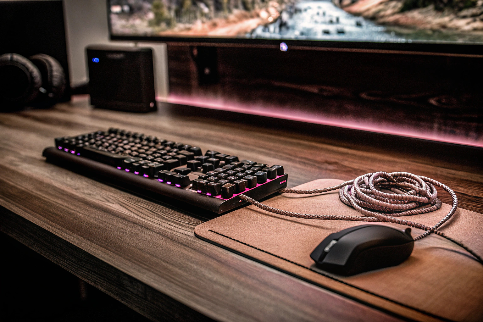 Ein Gaming-Schreibtisch mit verschiedenen Peripheriegeräten und Kabeln, die ordentlich organisiert sind. Gaming-Schreibtisch mit Kabelmanagement