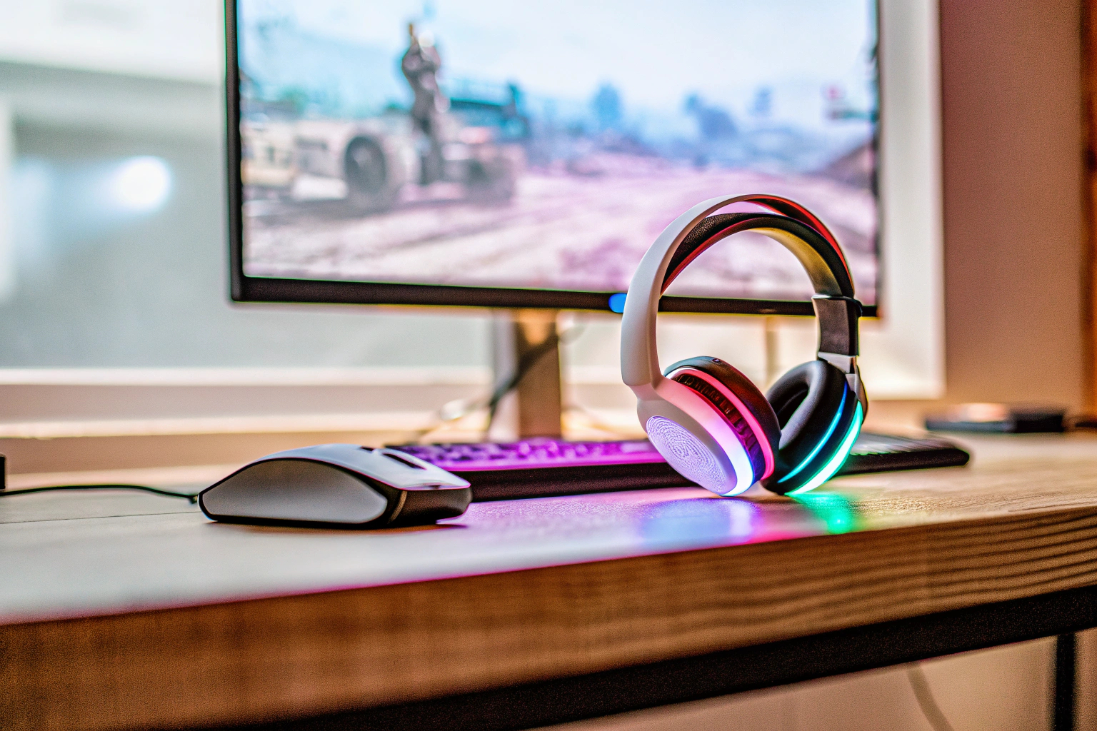 Ein Gaming-Setup mit beleuchtetem Headset und RGB-Lichtern. Gaming-Setup mit Headset