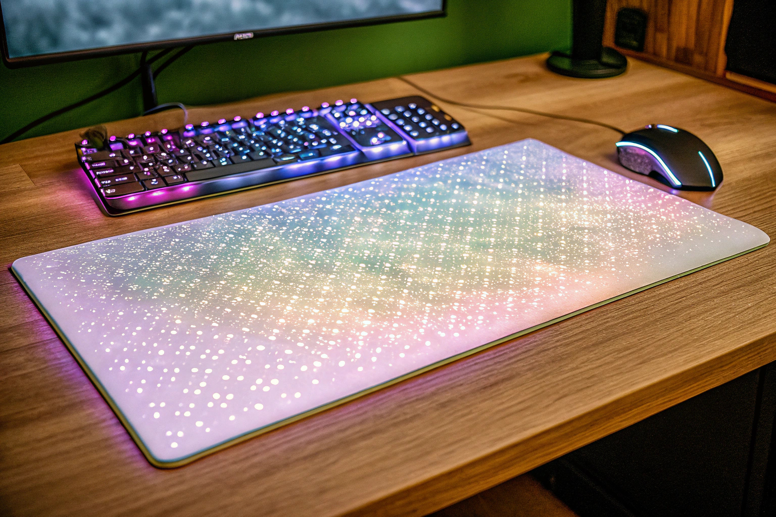 Ein Gaming-Setup mit einem beleuchteten RGB-Mauspad, das die Spielfläche in lebendige Farben taucht und ein immersives Spielerlebnis bietet. Gaming-Setup mit RGB-Mauspad