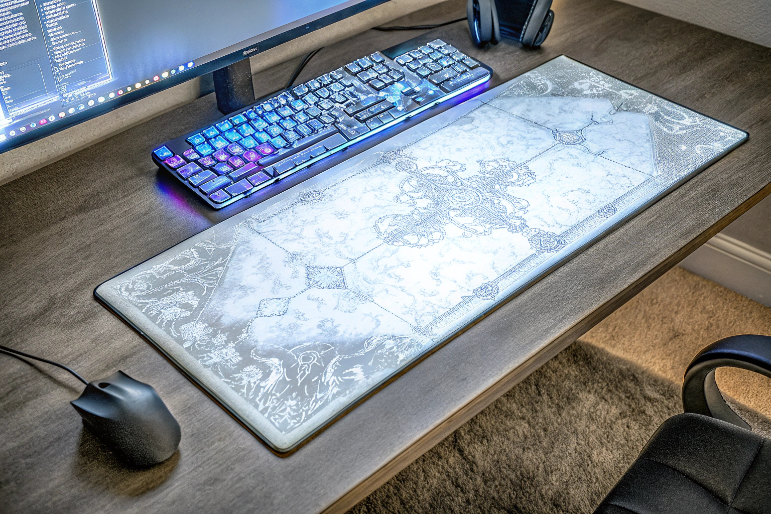 Ein Gaming-Setup mit einem großen Mauspad und ergonomischer Fußstütze für maximalen Komfort. Gaming-Setup