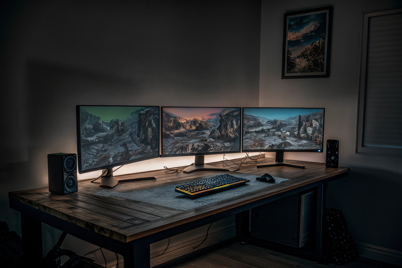 Ein Gaming-Setup mit einem leistungsstarken PC und mehreren Monitoren. High-End Gaming-Setup