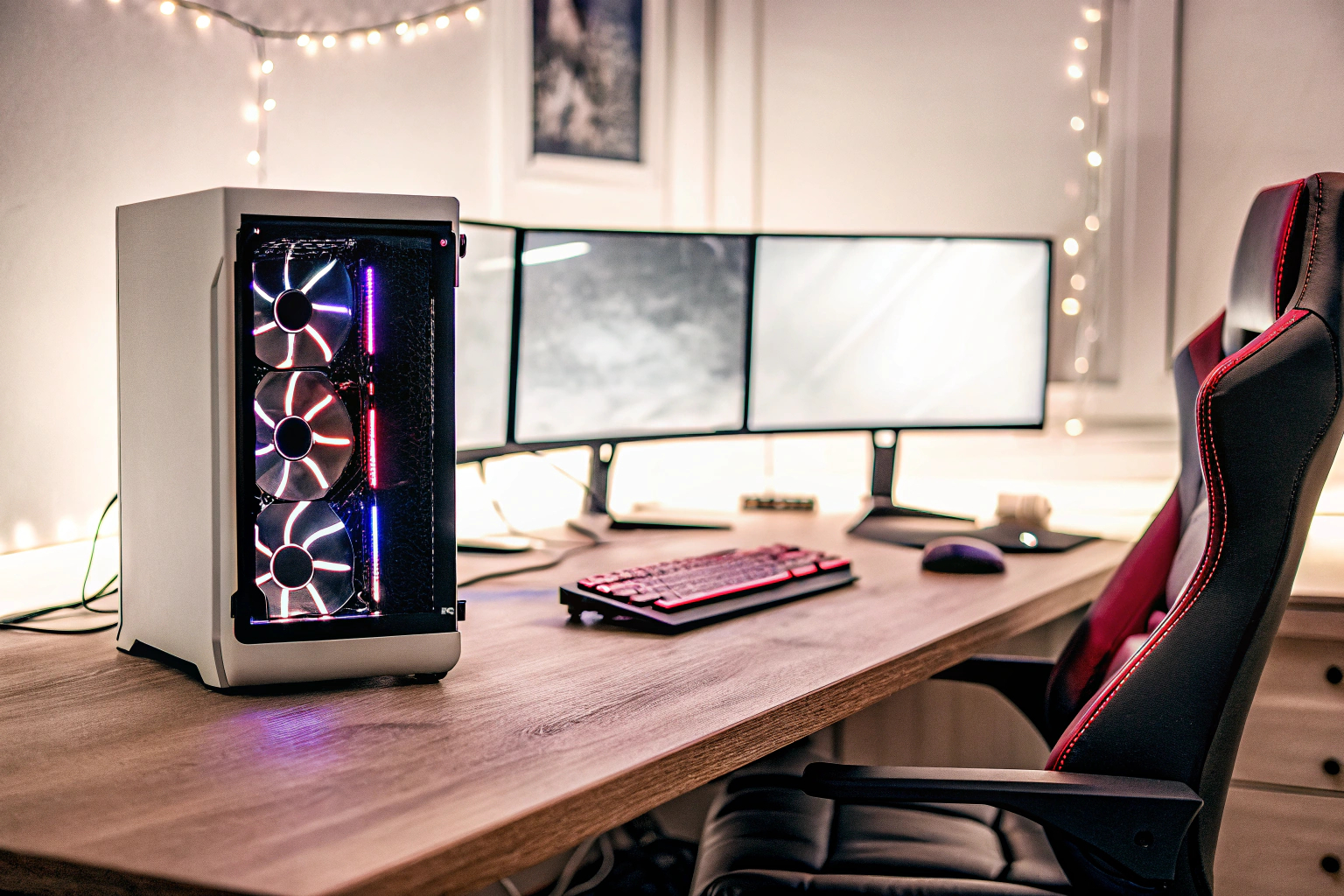 Ein Gaming-Setup mit einem leistungsstarken PC und mehreren Monitoren. Gaming-Setup