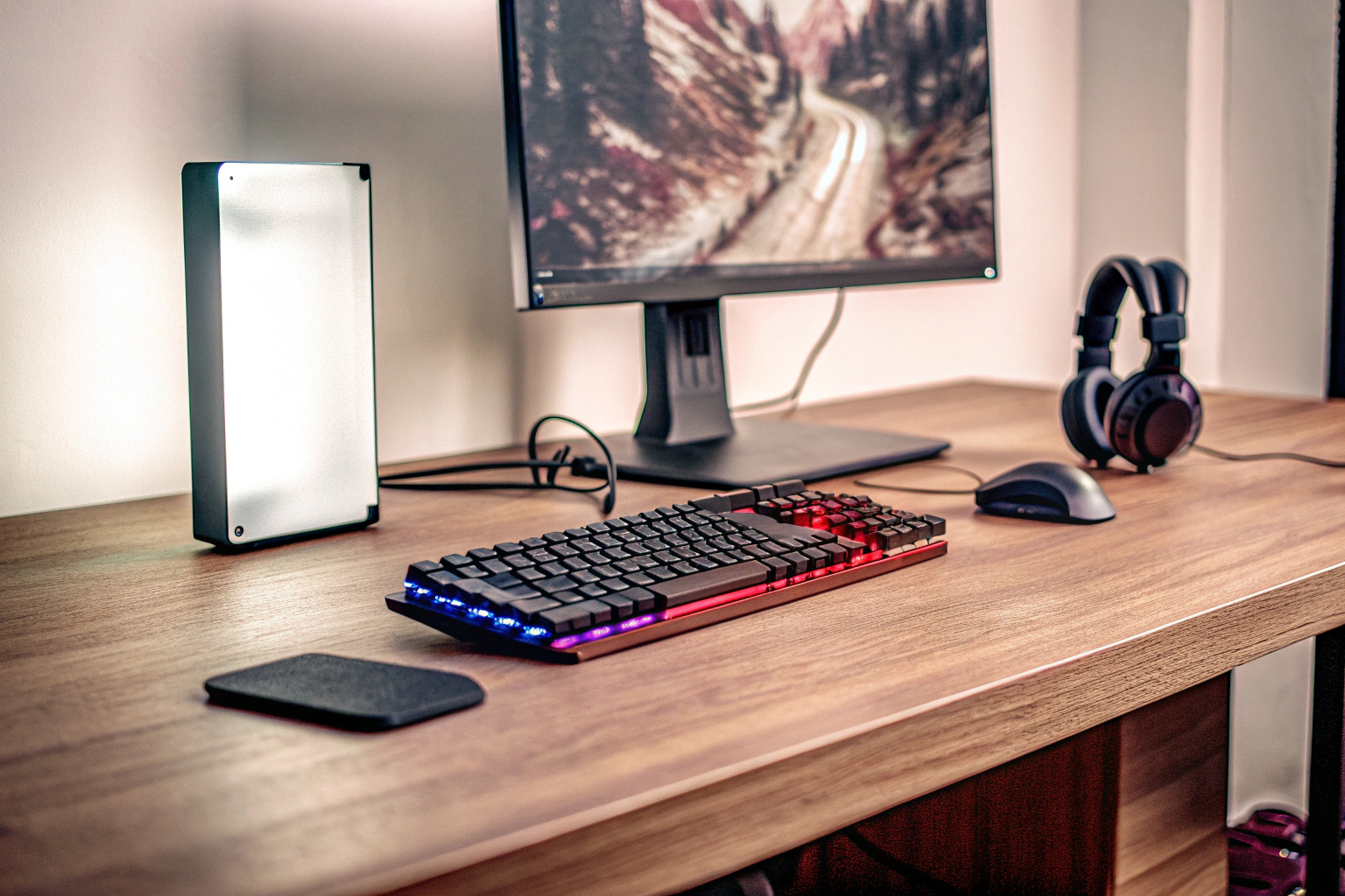 Ein Gaming-Setup mit einem leistungsstarken PC und Zubehör wie Maus, Tastatur und Headset. Gaming-Setup mit PC und Zubehör