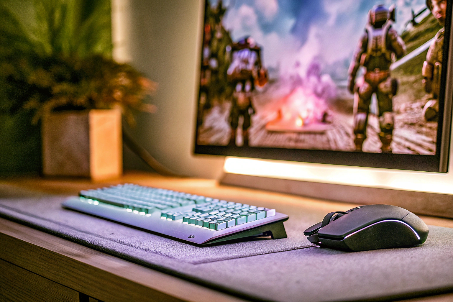 Ein Gaming-Setup mit einem Monitor, Tastatur und Maus, das für Battle Royale-Spiele optimiert ist. Optimiertes Gaming-Setup für Battle Royale-Spiele