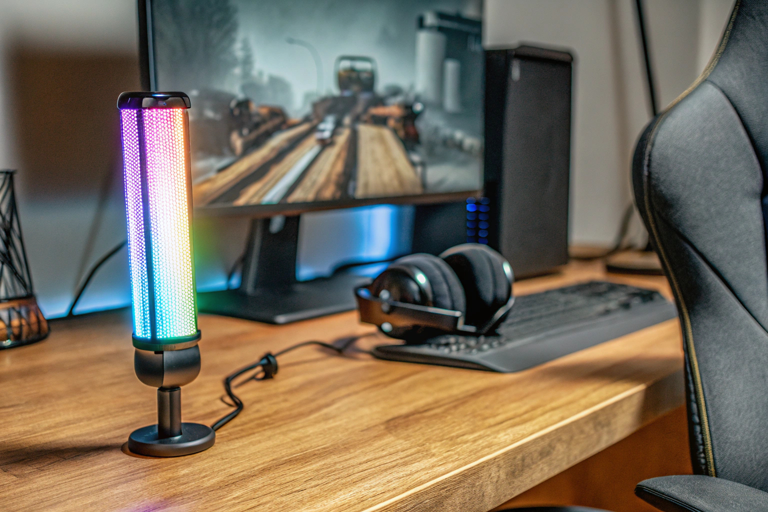Ein Gaming-Setup mit einem RGB-beleuchteten Mikrofon und einem Gamer, der konzentriert spielt. Gaming-Setup mit RGB-Mikrofon