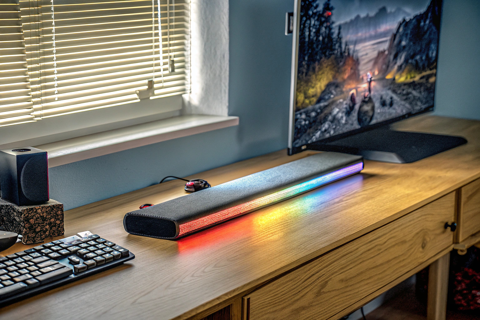 Ein Gaming-Setup mit einer RGB-Soundbar, die pulsierende Lichteffekte zeigt. RGB Soundbar im Gaming-Setup