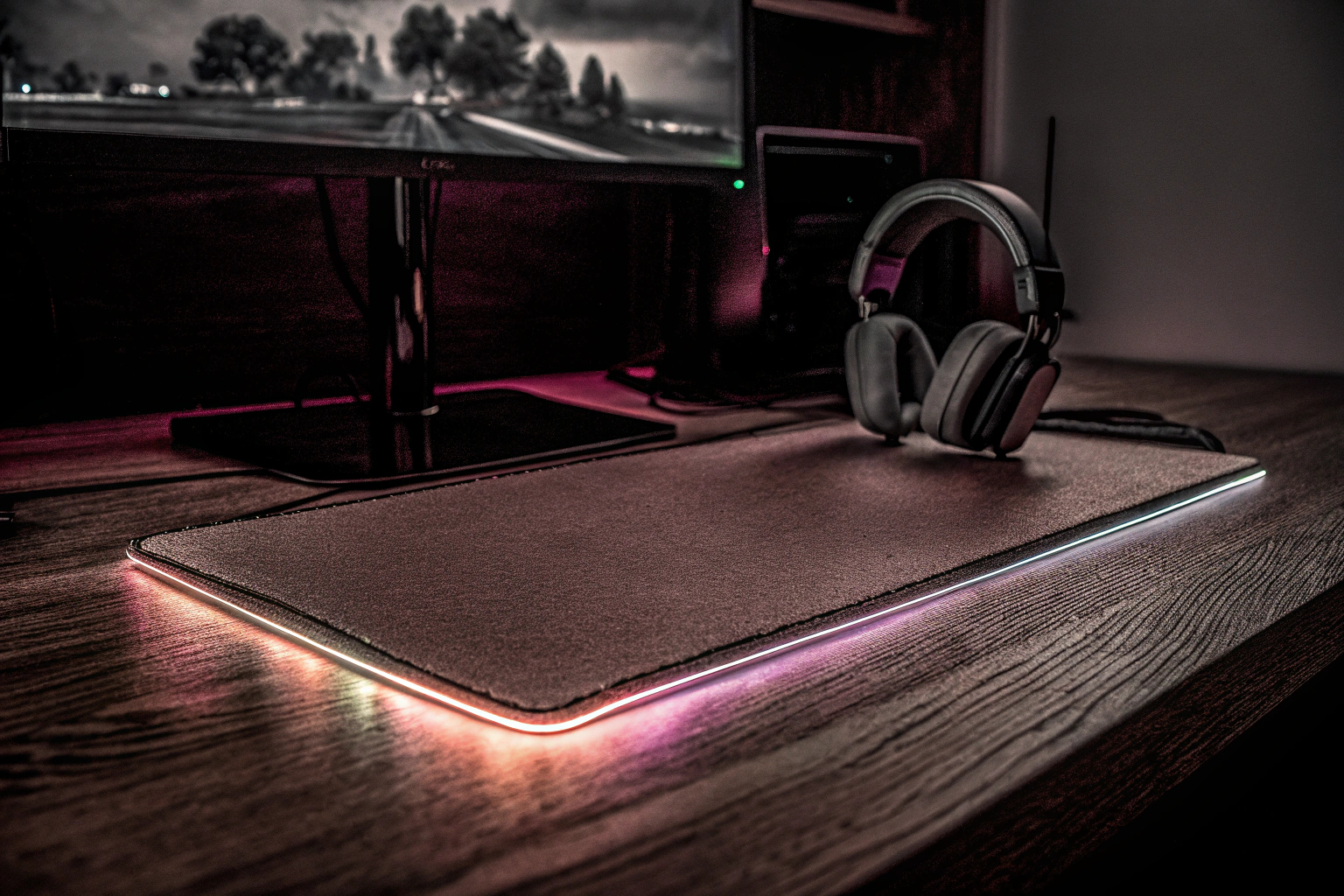 Ein Gaming-Setup mit großem RGB-Mauspad und Kopfhörerständer. Gaming-Zubehör für den Schreibtisch