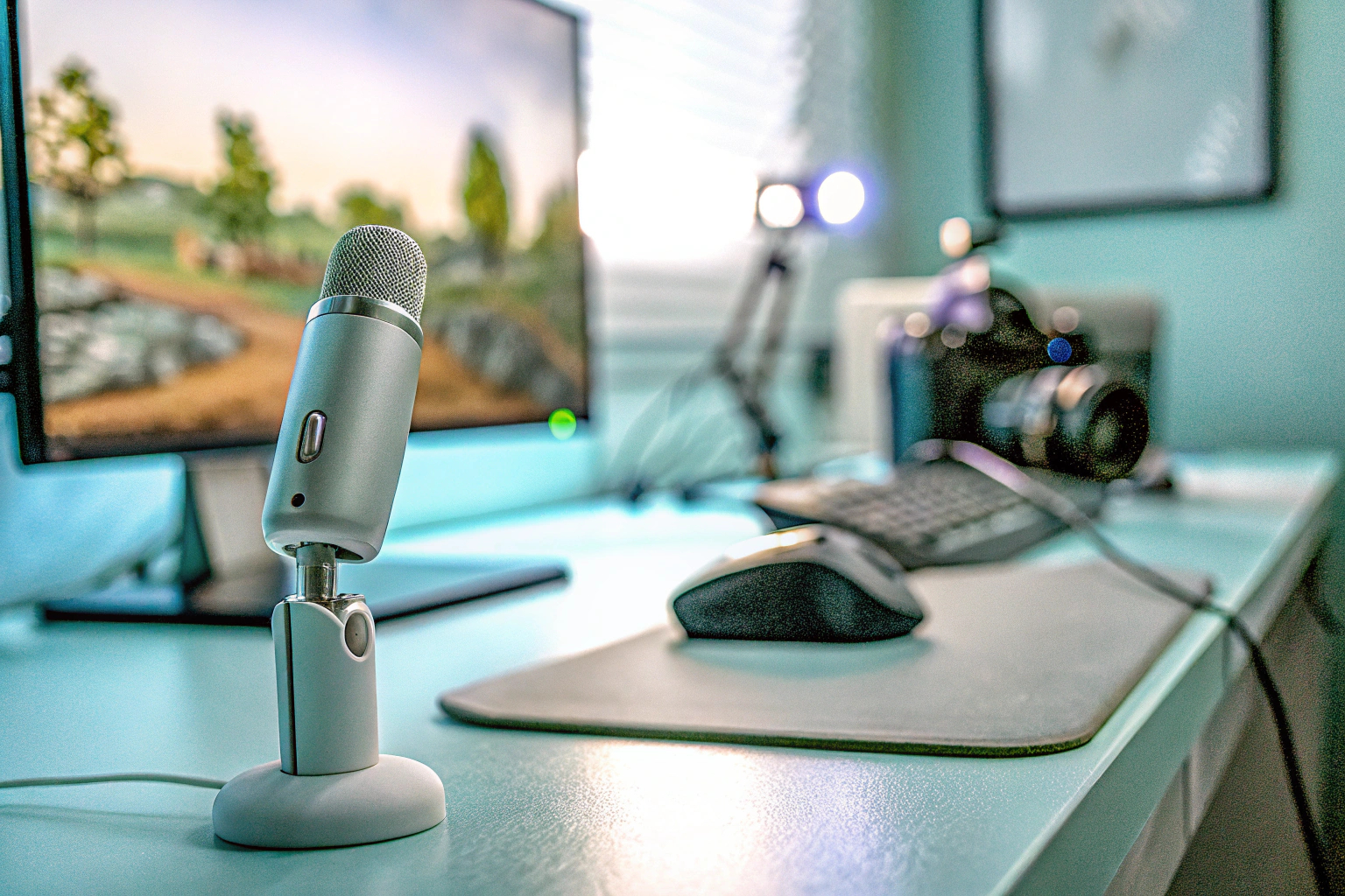 Ein Gaming-Setup mit hochwertigem Mikrofon und Kamera, ideal für YouTube-Aufnahmen. Gaming-Setup mit Mikrofon