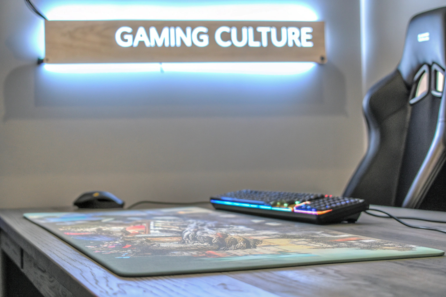 Ein Gaming-Setup mit hochwertigem Zubehör, darunter ein großes Gaming-Mauspad und ein lustiges Gaming-Schild. Gaming setup with accessories