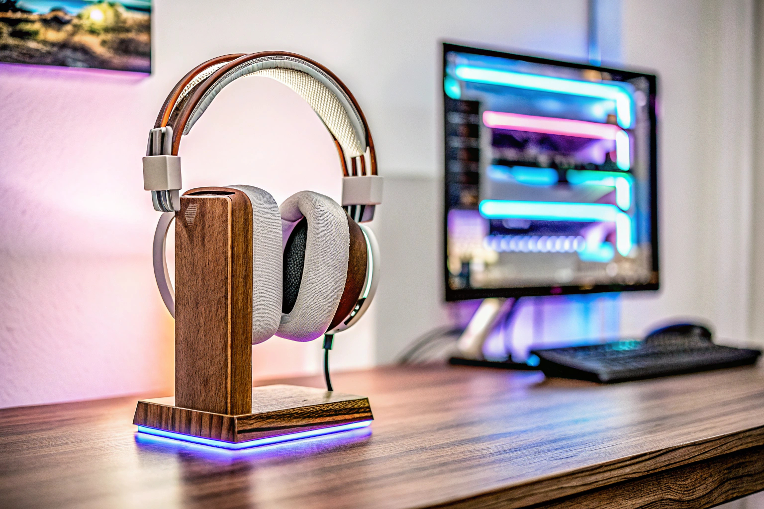 Ein Gaming-Setup mit hochwertigen Kopfhörern und Soundkarte. Gaming-Setup mit Kopfhörern und Soundkarte