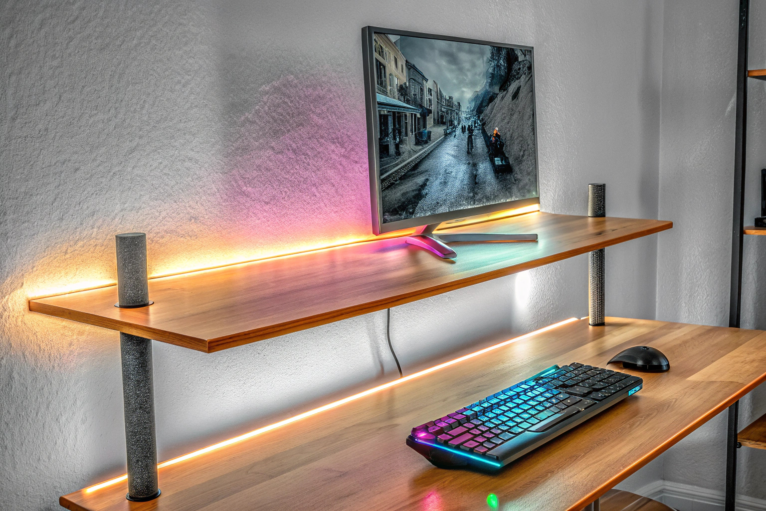 Ein Gaming-Setup mit kreativer LED-Beleuchtung, das eine immersive Atmosphäre schafft. Kreative LED-Beleuchtung im Gaming-Zimmer