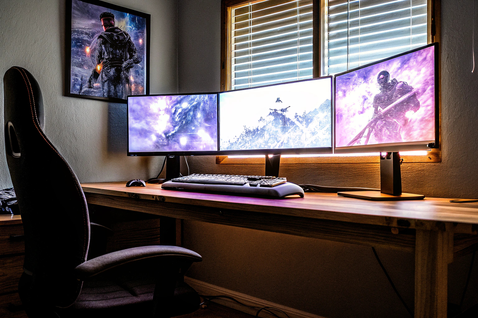 Ein Gaming-Setup mit mehreren Bildschirmen und RGB-Beleuchtung. Gaming-Setup