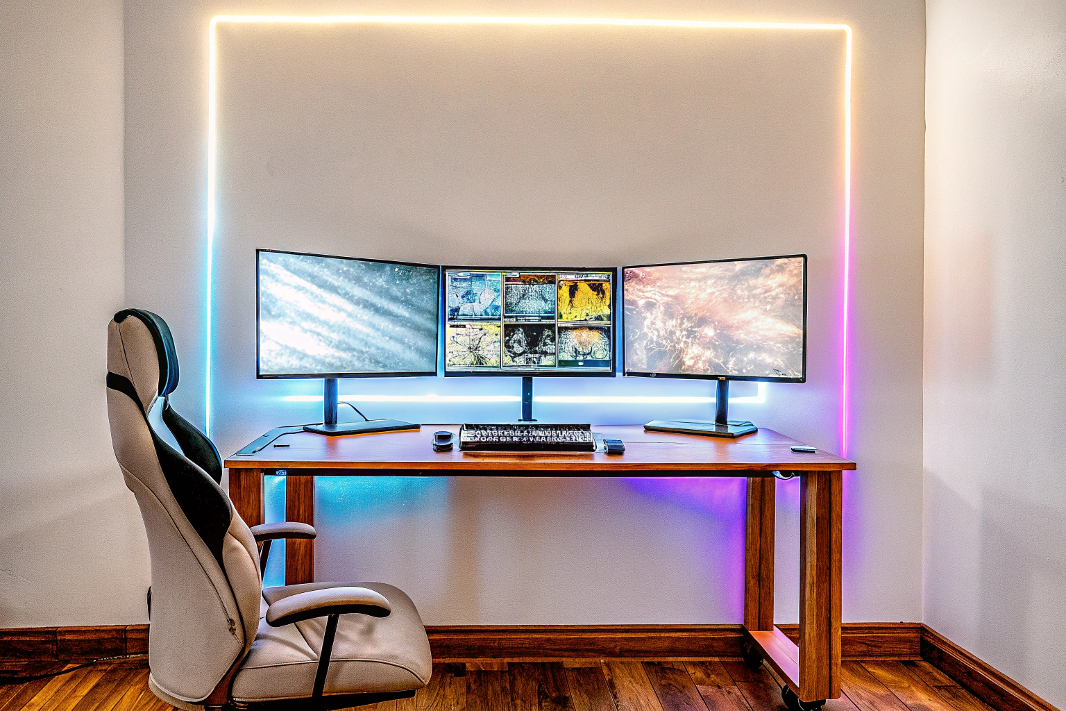 Ein Gaming-Setup mit mehreren Monitoren für ein immersives Erlebnis Gaming-Setup mit mehreren Monitoren