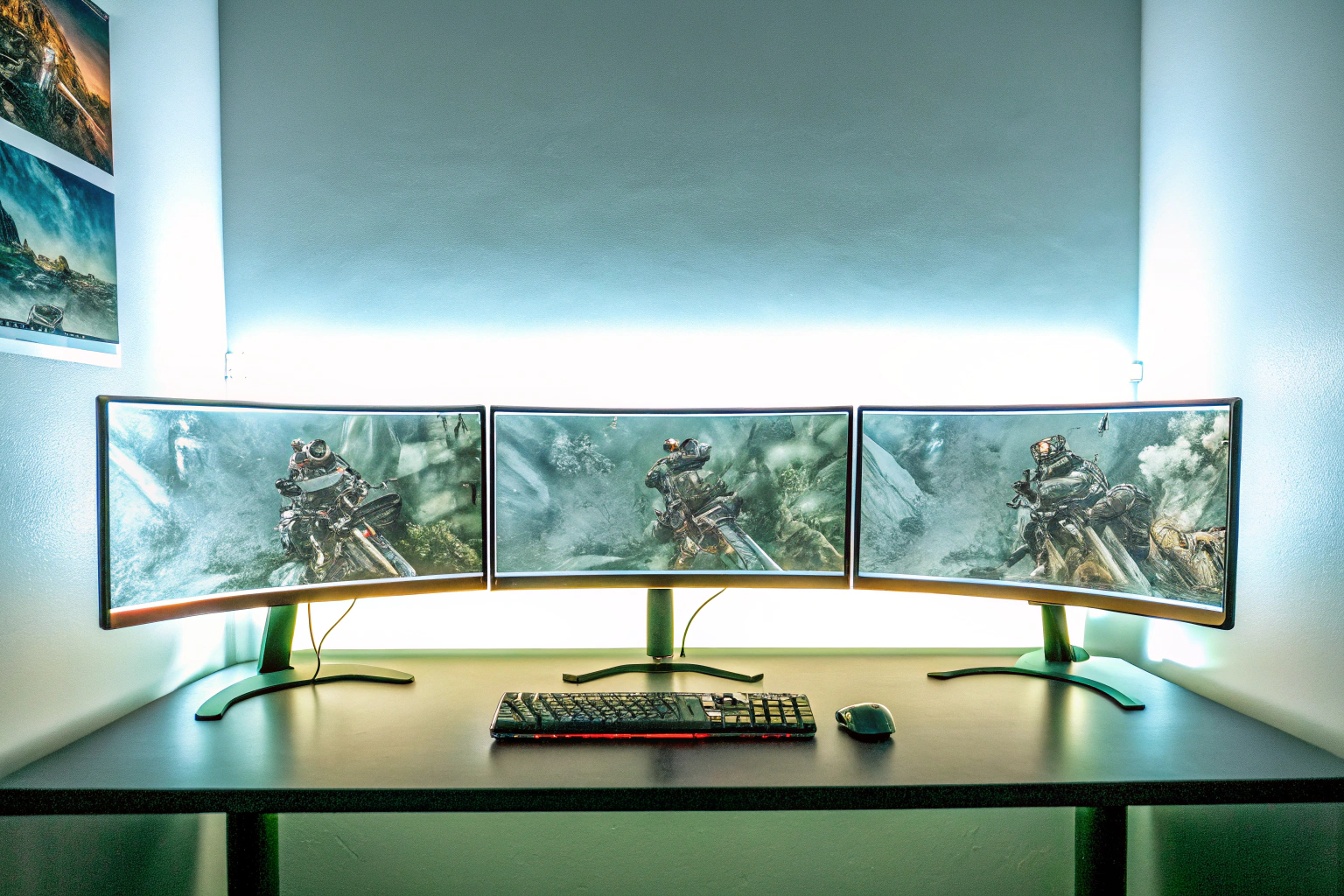 Ein Gaming-Setup mit mehreren Monitoren für ein immersives Spielerlebnis. Gaming-Setup mit mehreren Monitoren