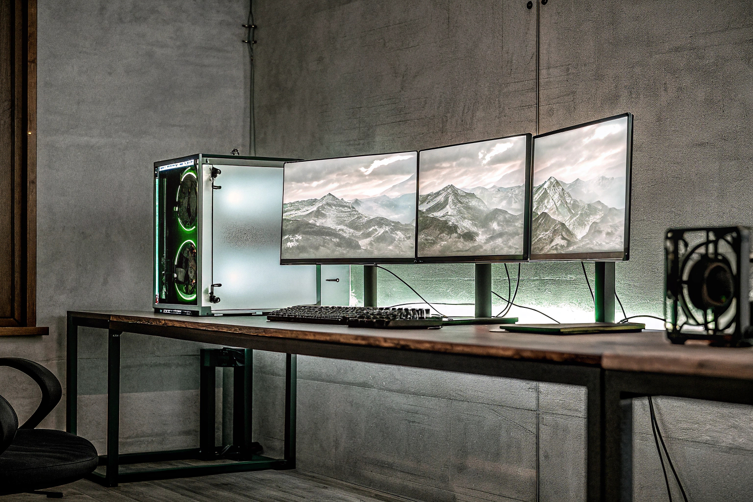 Ein Gaming-Setup mit mehreren Monitoren und einem leistungsstarken Gaming-PC Gaming-Setup mit leistungsstarkem PC